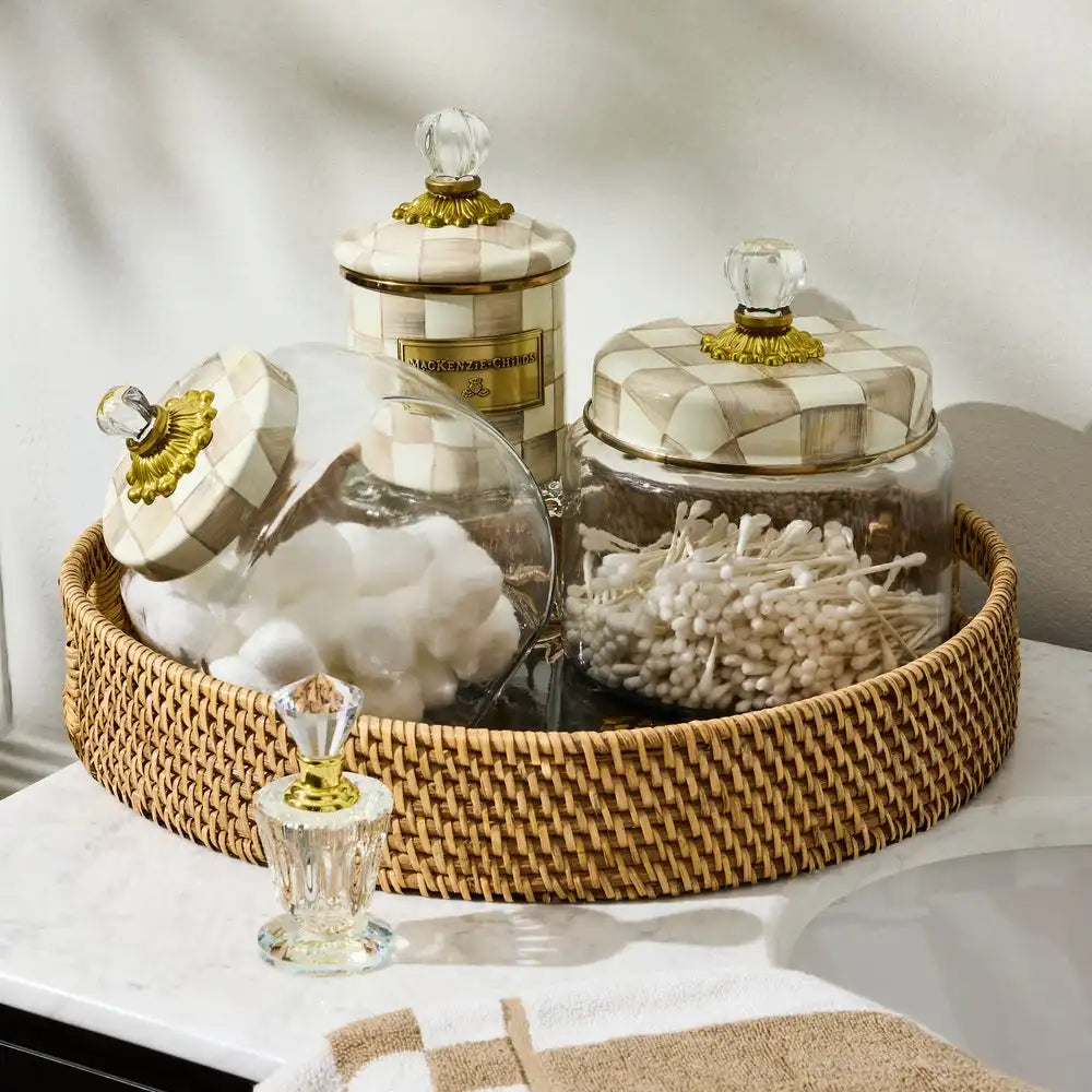 Wild Rose White Enamel & Rattan Round Serving Tray