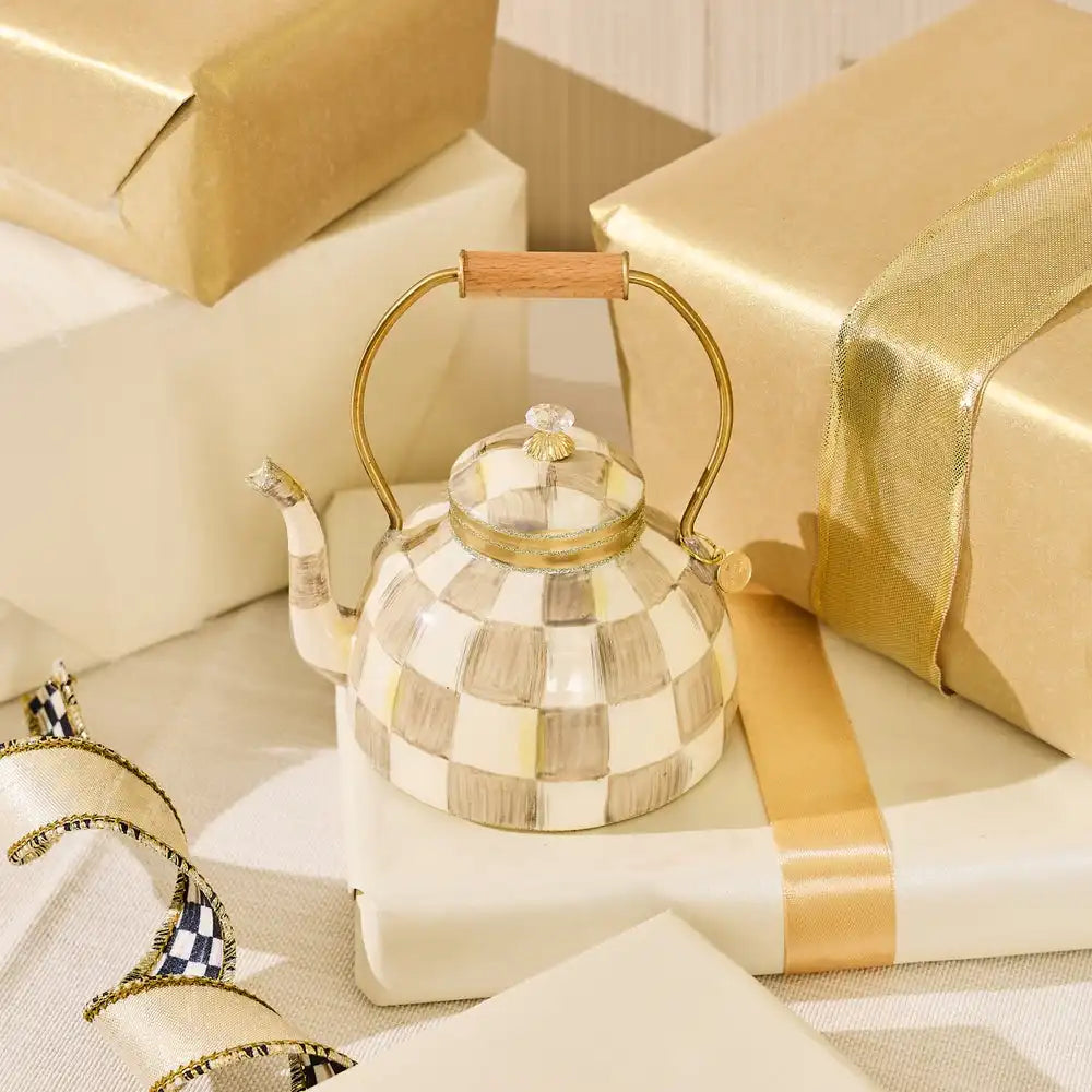 Mocha Check Tea Kettle Glass Ornament Secondary image