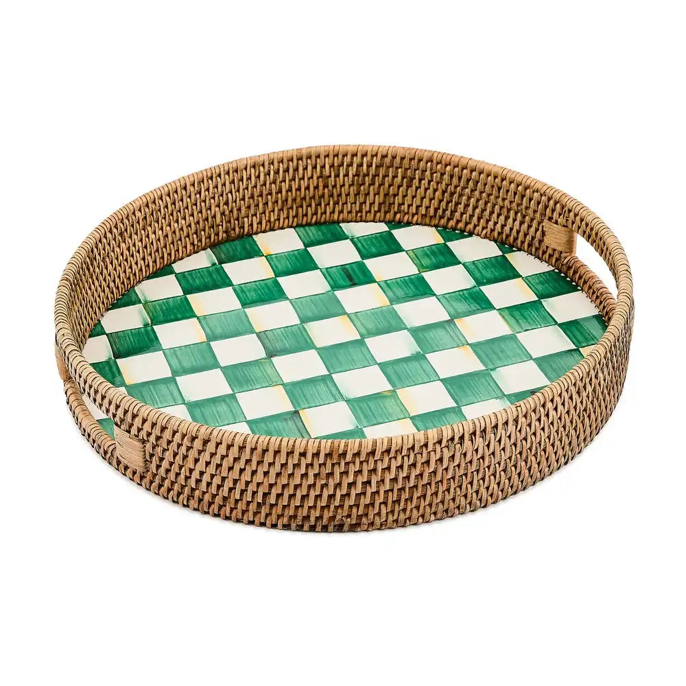 Rosy Check Enamel & Rattan Round Serving Tray