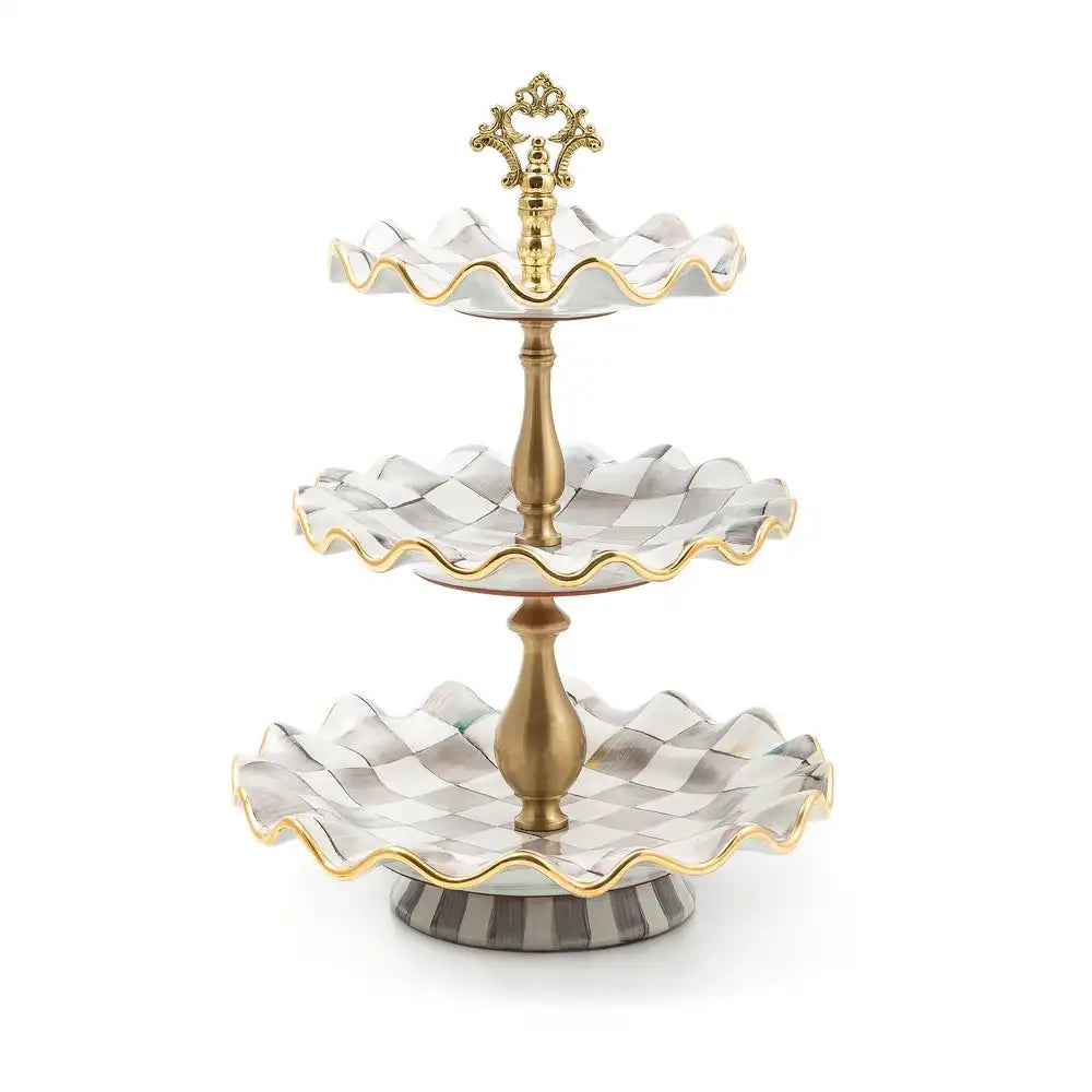 Violet Check Ceramic Three Tier Sweet Stand