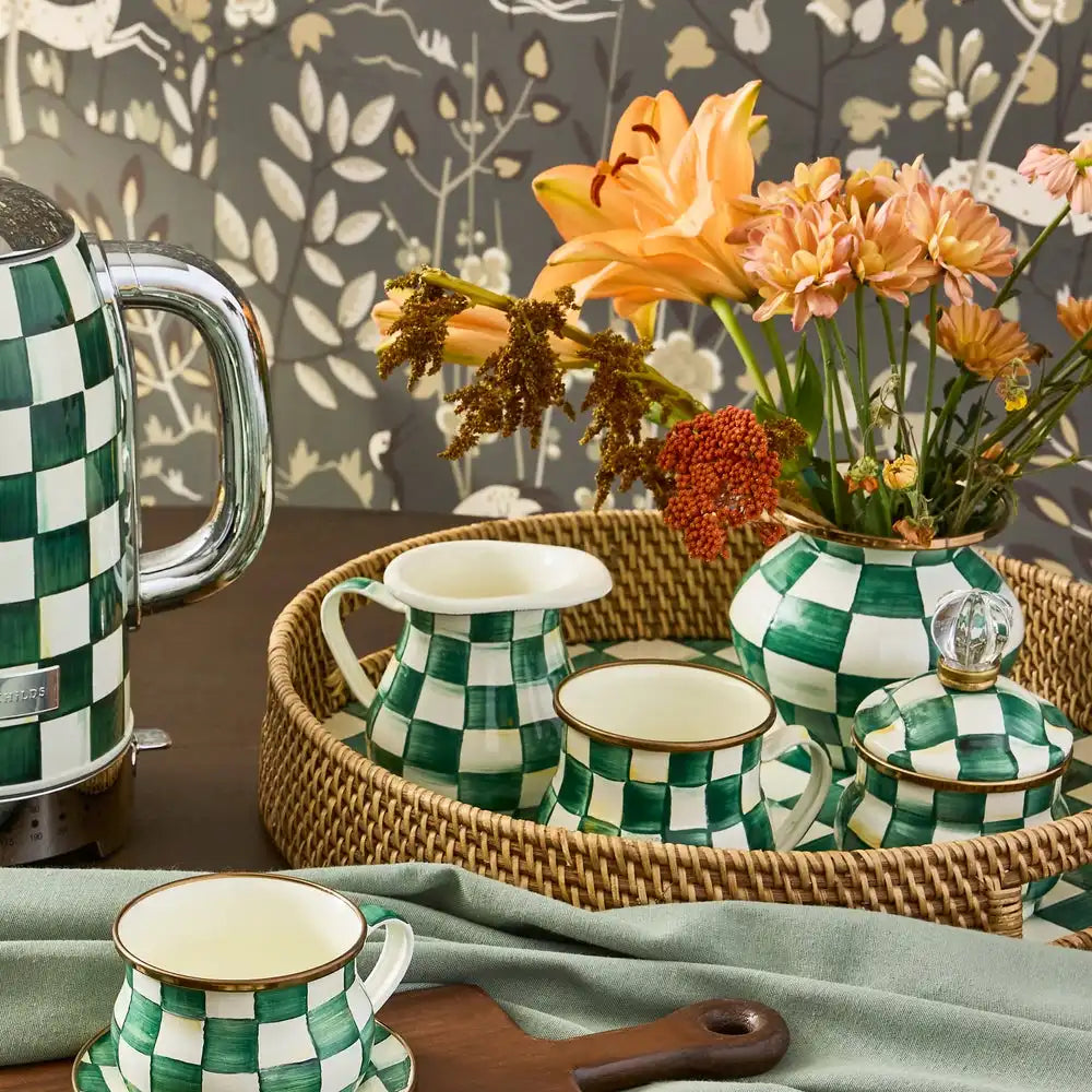 Rosy Check Enamel & Rattan Round Serving Tray