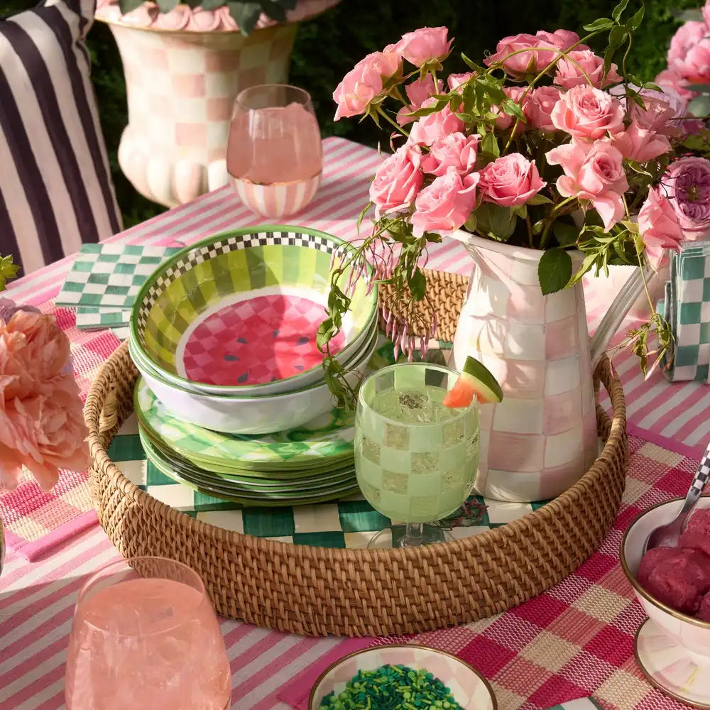Rosy Check Enamel & Rattan Round Serving Tray