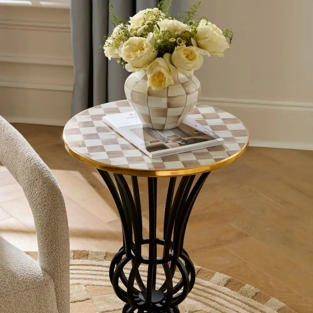 Mocha Check Pedestal Accent Table