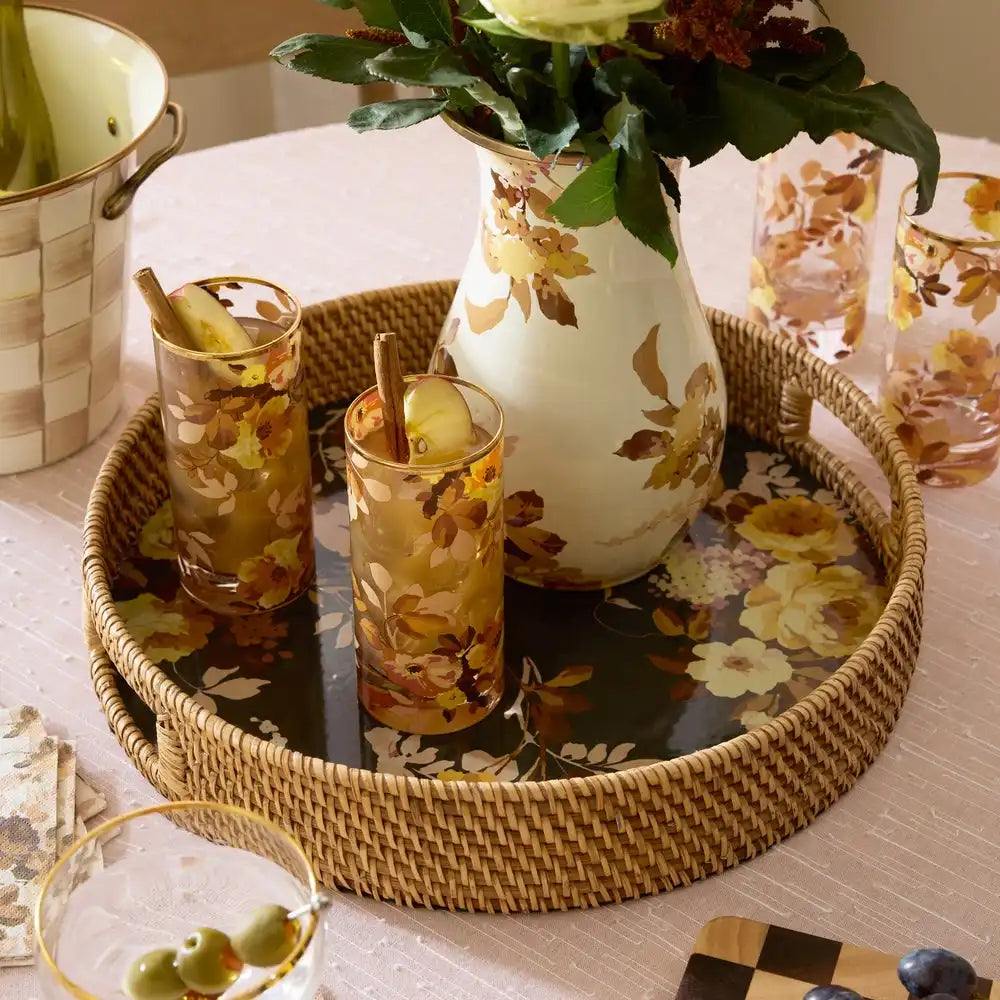 Wild Rose White Enamel & Rattan Round Serving Tray