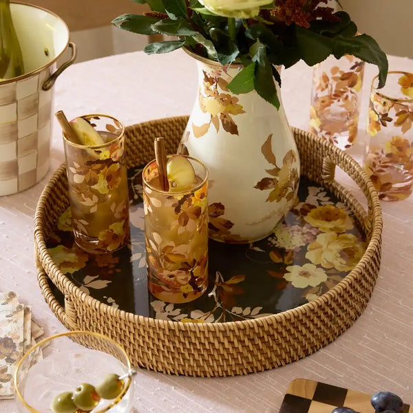 Wild Rose White Enamel & Rattan Round Serving Tray