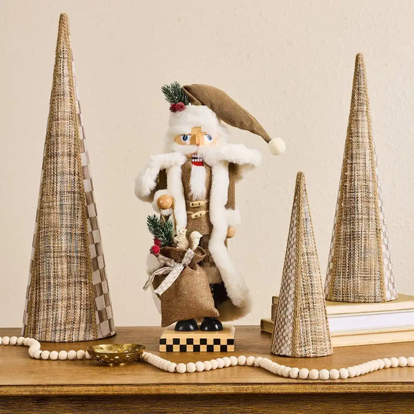 Mocha Check Wood Santa Nutcracker