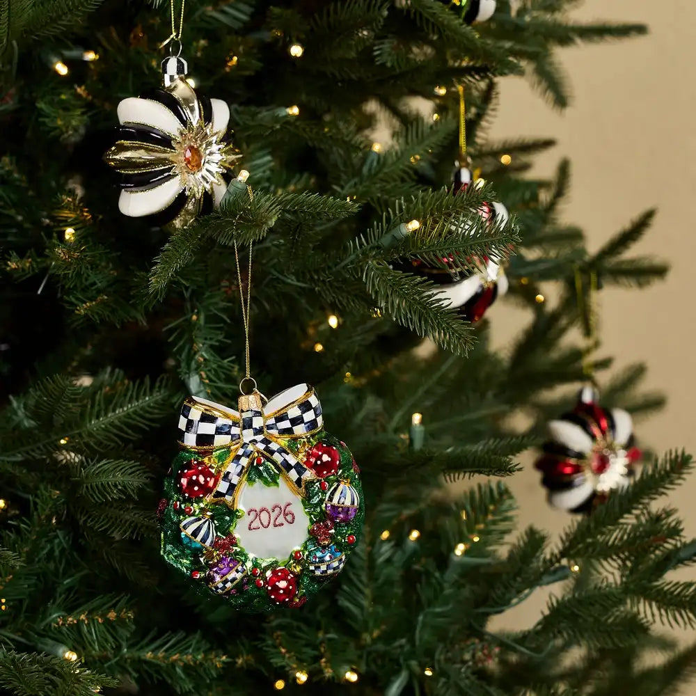 2026 Black Santa Wreath Glass Ornament