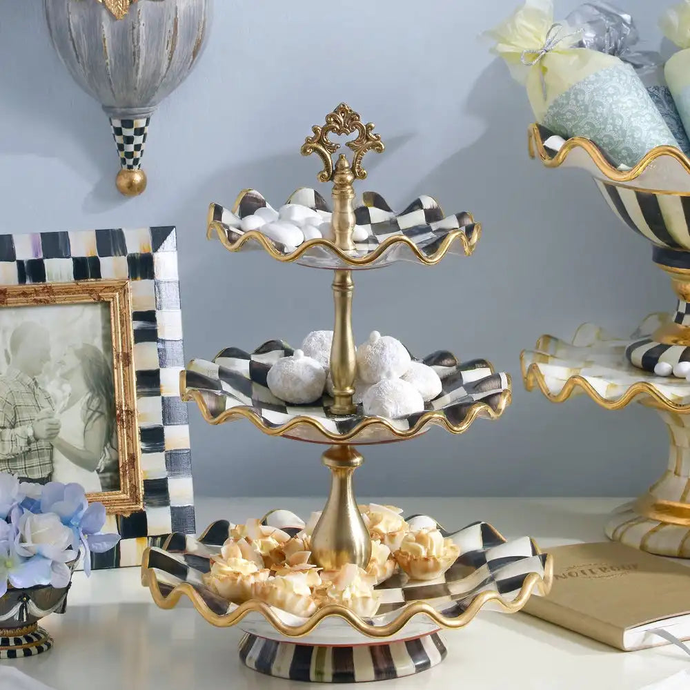 Violet Check Ceramic Three Tier Sweet Stand