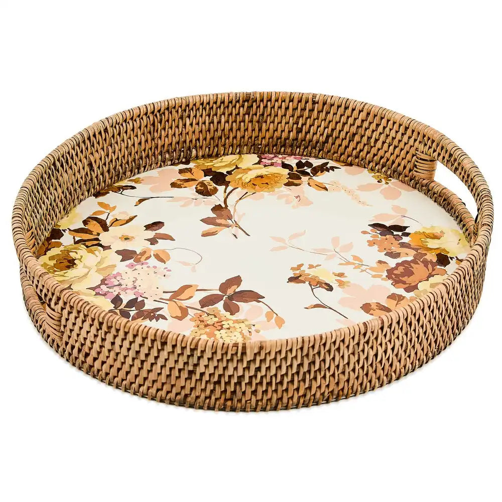 Wild Rose White Enamel & Rattan Round Serving Tray Main image