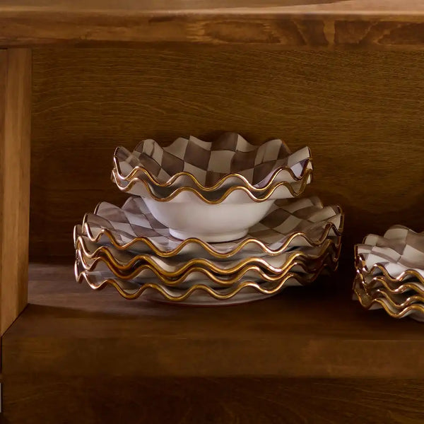 Mocha Check Ceramic Fluted Breakfast Bowl