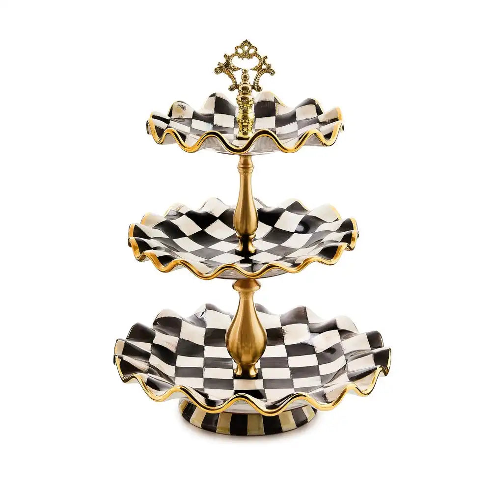 Violet Check Ceramic Three Tier Sweet Stand