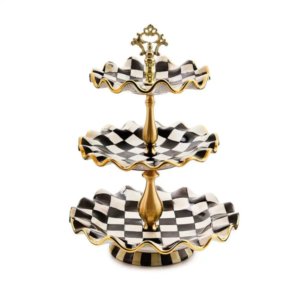 Violet Check Ceramic Three Tier Sweet Stand