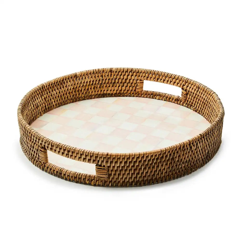 Rosy Check Enamel & Rattan Round Serving Tray Main image