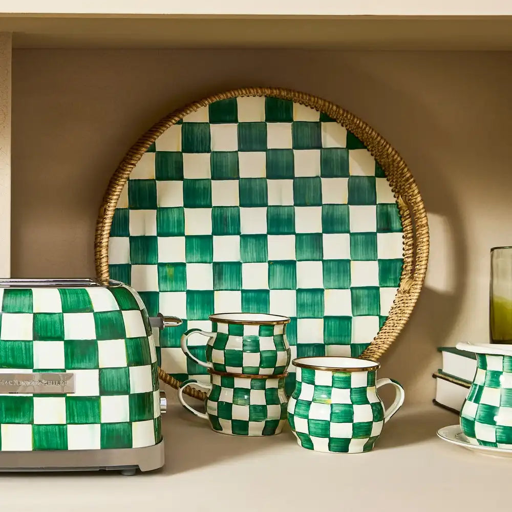 Rosy Check Enamel & Rattan Round Serving Tray