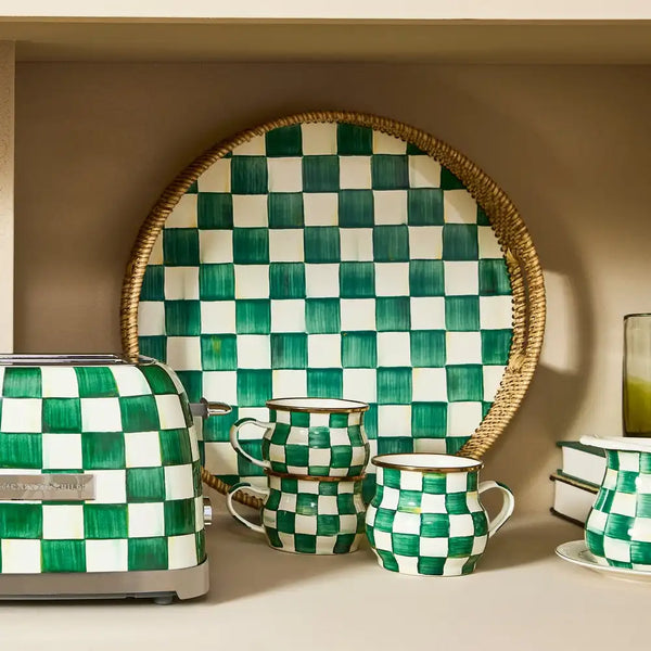 Rosy Check Enamel & Rattan Round Serving Tray