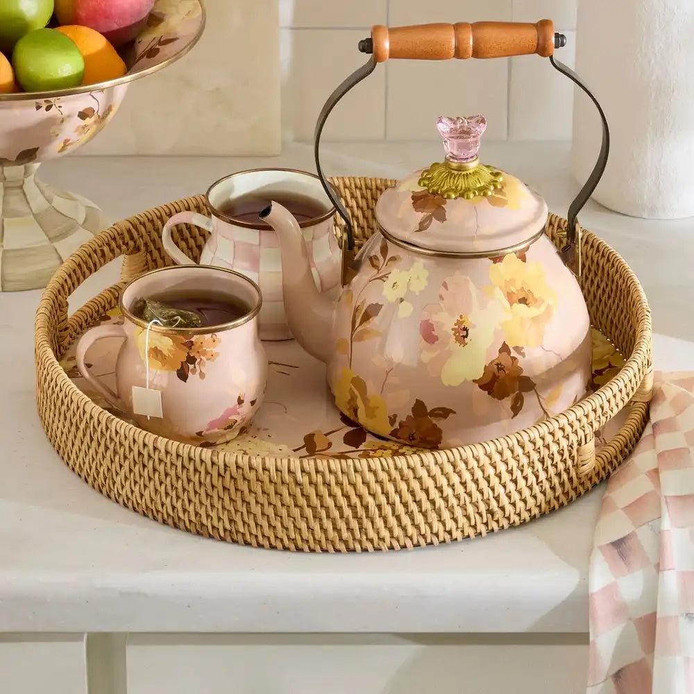 Wild Rose White Enamel & Rattan Round Serving Tray