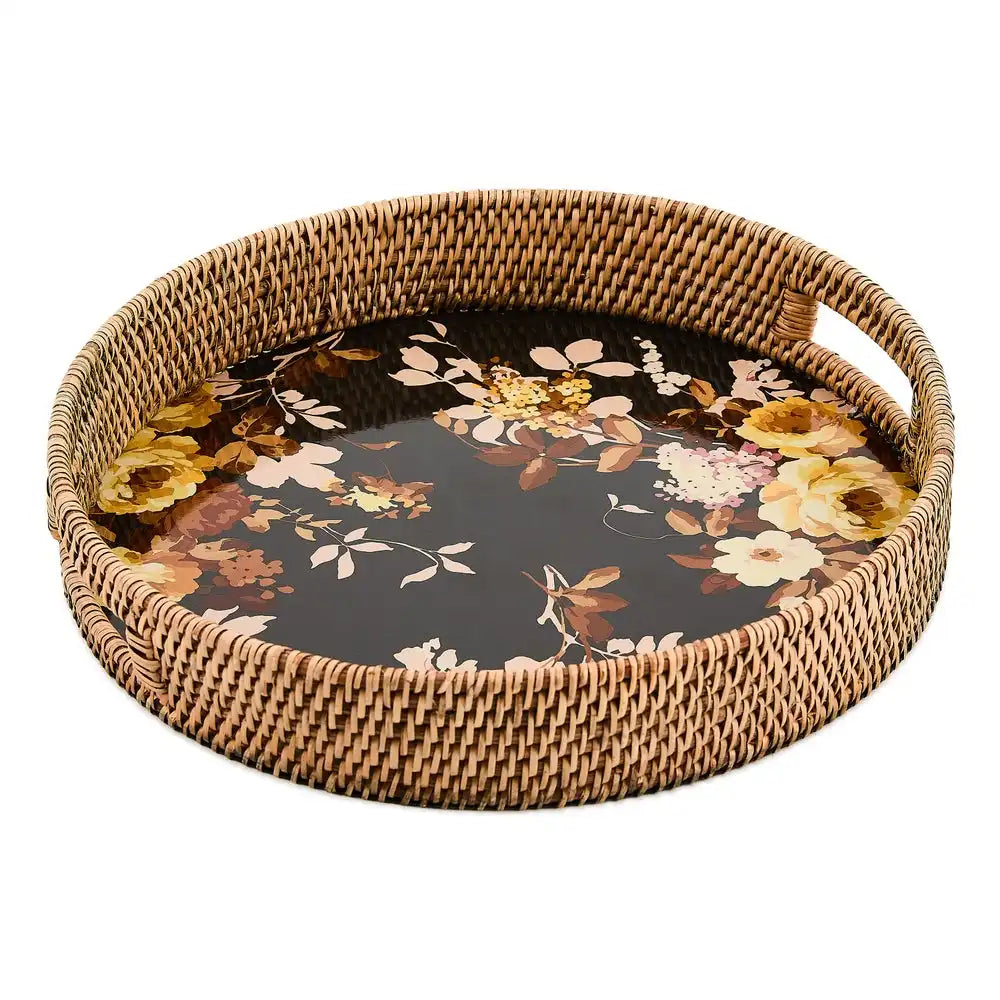 Wild Rose White Enamel & Rattan Round Serving Tray