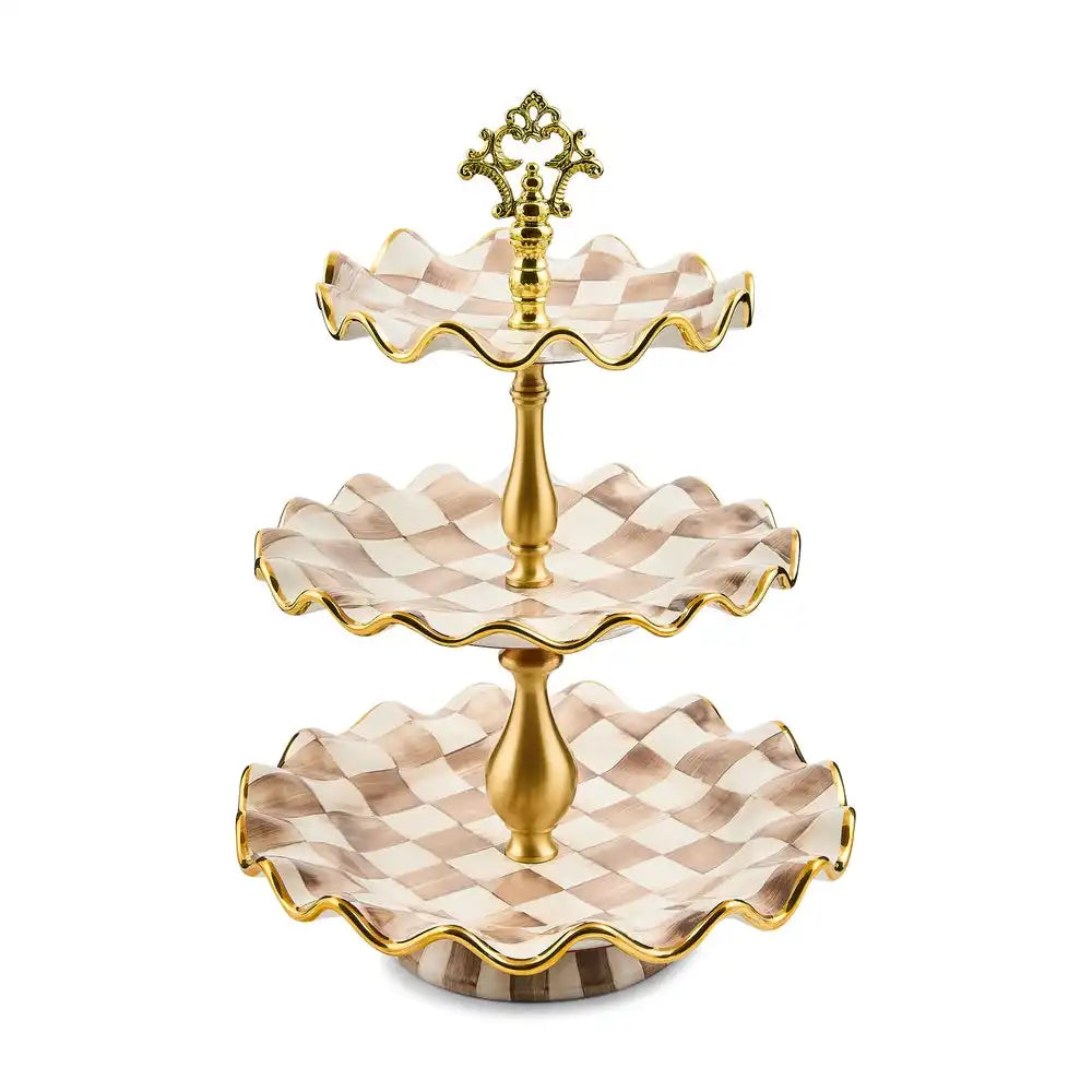 Violet Check Ceramic Three Tier Sweet Stand