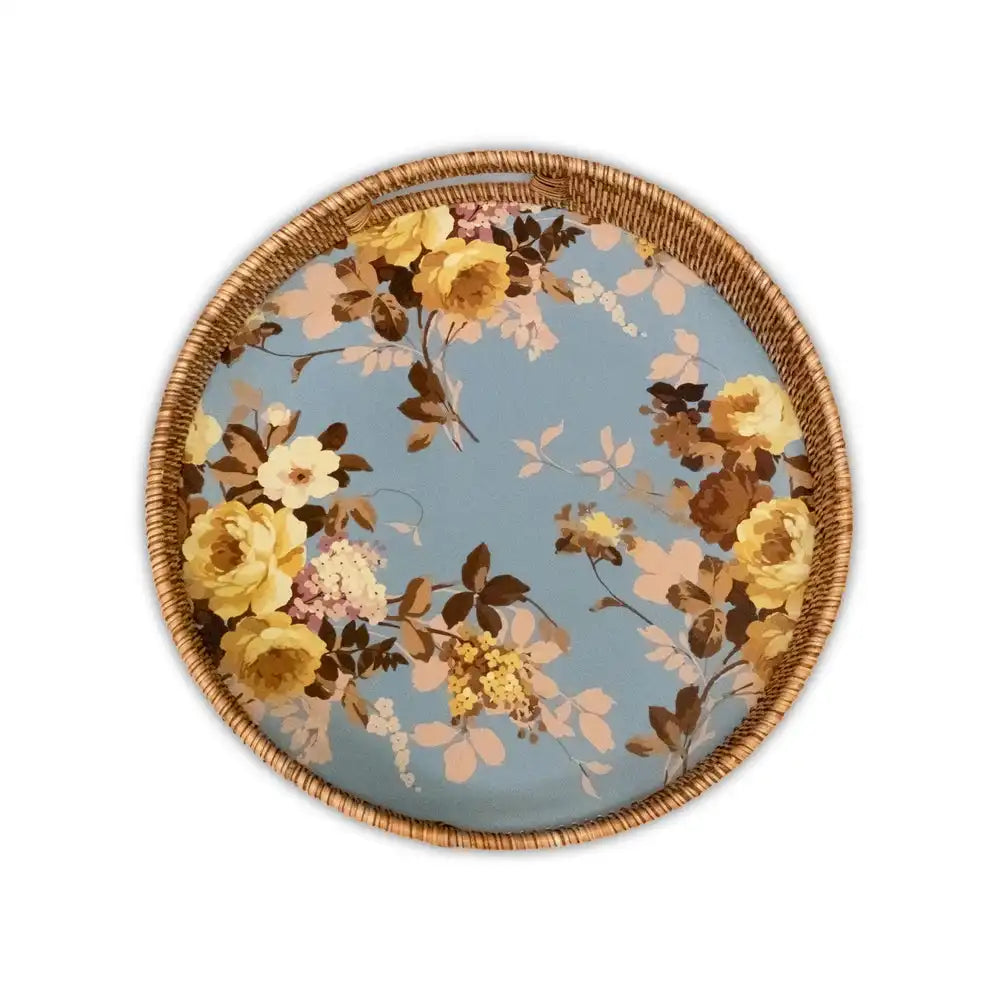 Wild Rose White Enamel & Rattan Round Serving Tray
