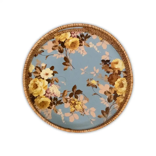 Wild Rose White Enamel & Rattan Round Serving Tray
