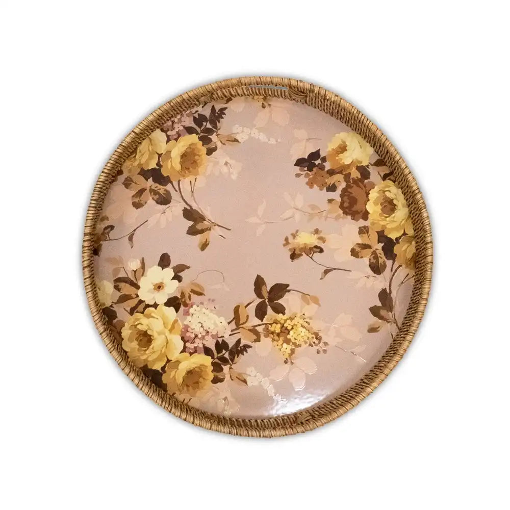 Wild Rose White Enamel & Rattan Round Serving Tray