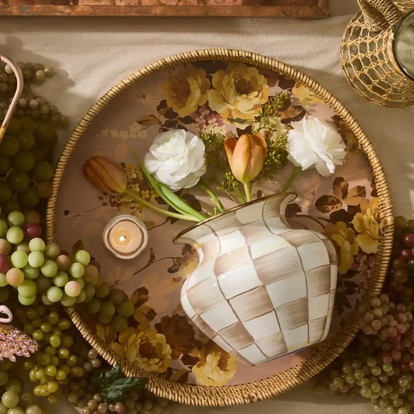 Wild Rose White Enamel & Rattan Round Serving Tray