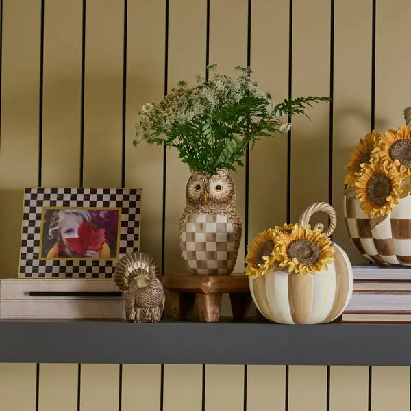Mocha Check Ceramic Owl Vase