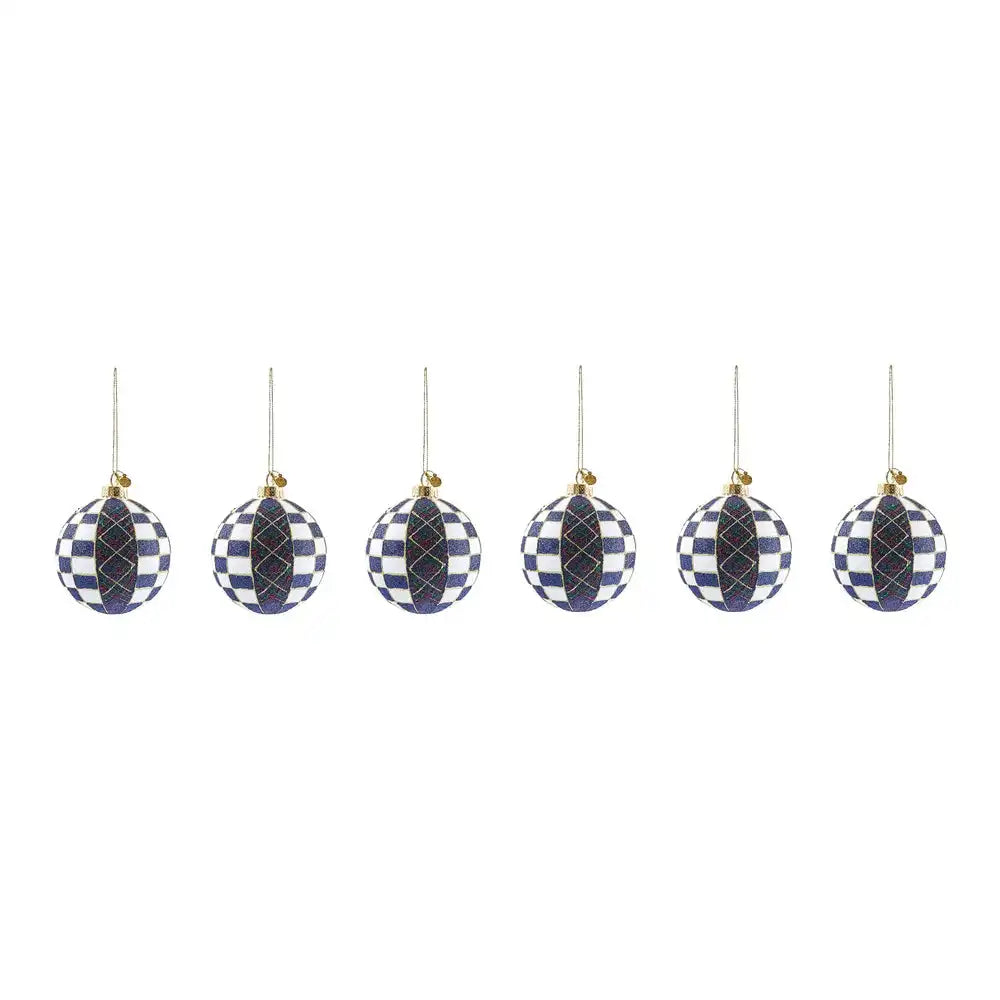Navy Tartan Glass Ball Ornaments, Set of 6