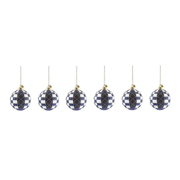 Navy Tartan Glass Ball Ornaments, Set of 6