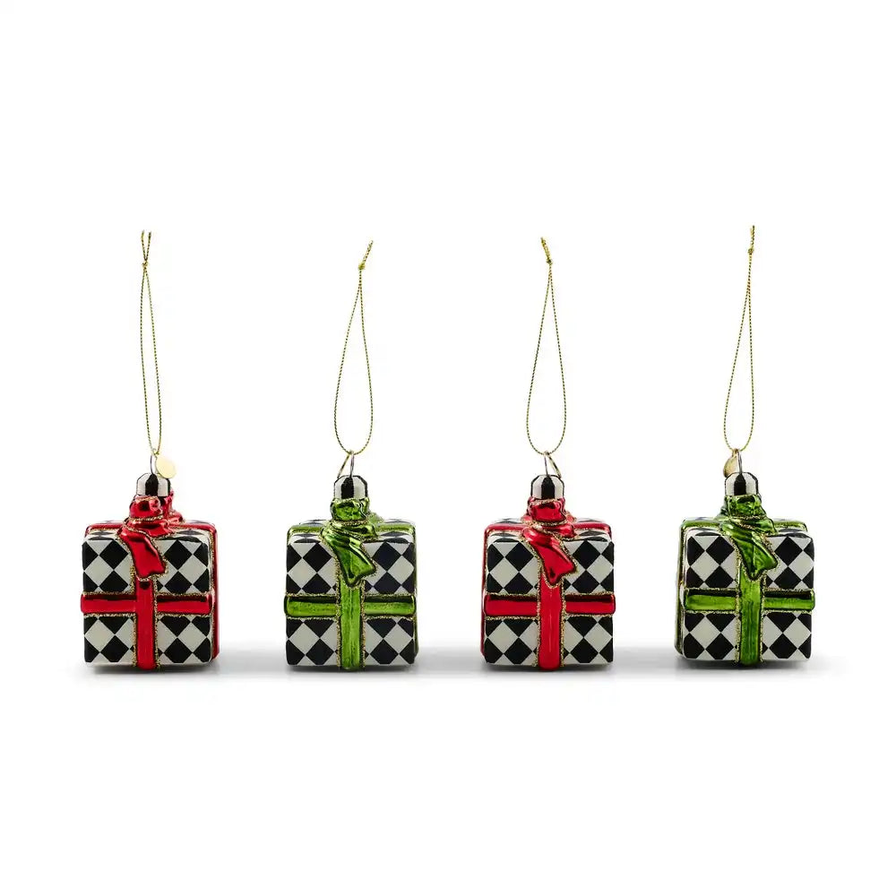 Red & Green Giftbox Glass Ornaments, Set of 4
