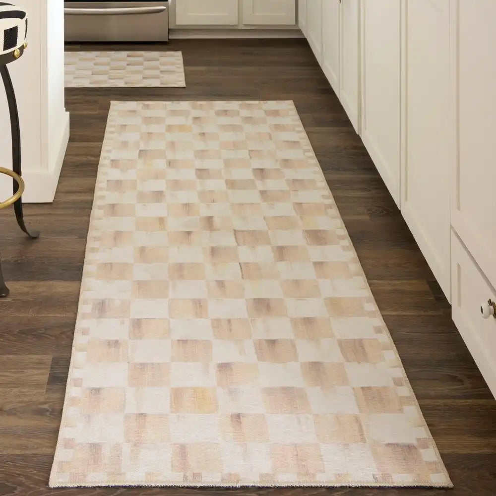 Mocha Checkered 3' x 5' Washable Rug