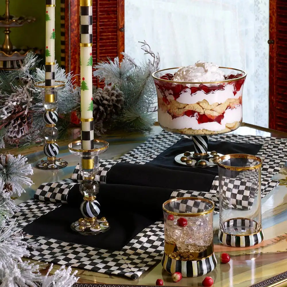 Christmas Tree Dinner Candles - Check Bands - Set of 2