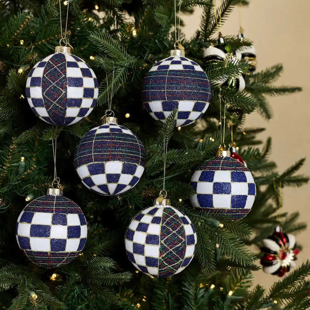 Navy Tartan Glass Ball Ornaments, Set of 6