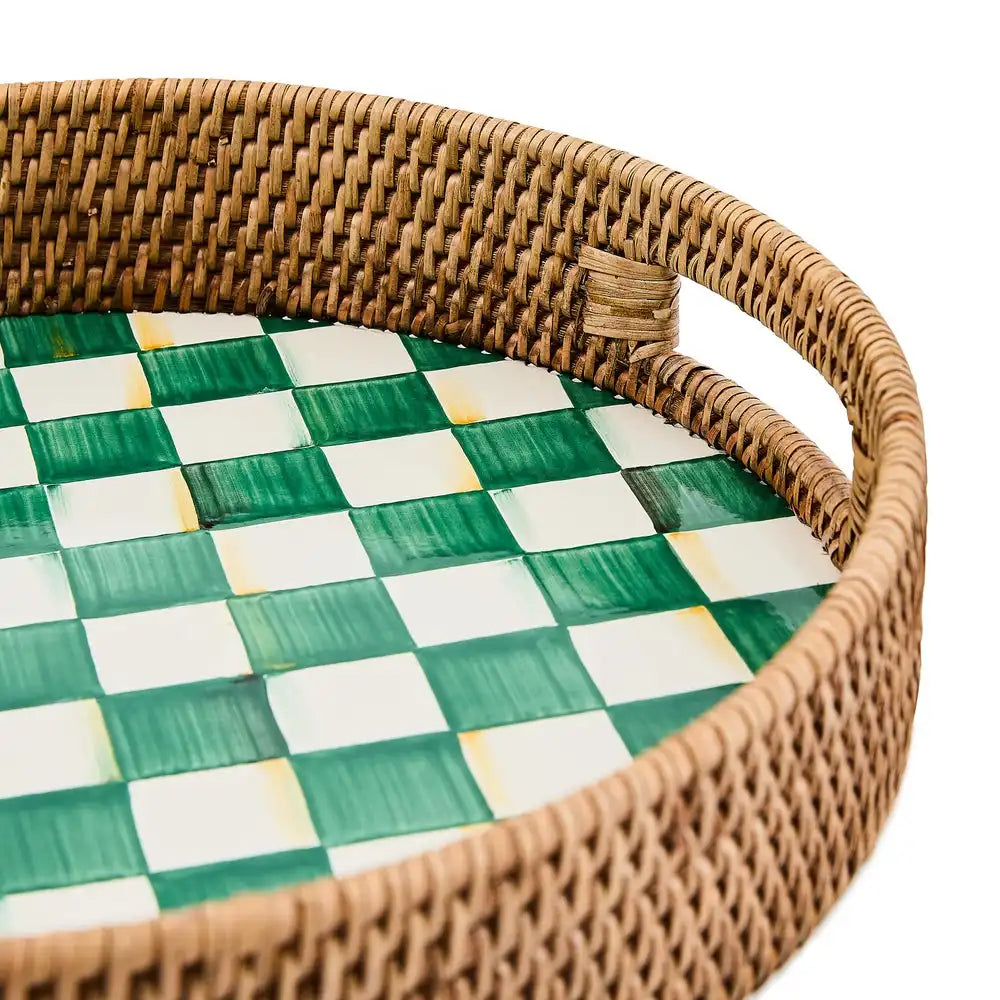 Rosy Check Enamel & Rattan Round Serving Tray