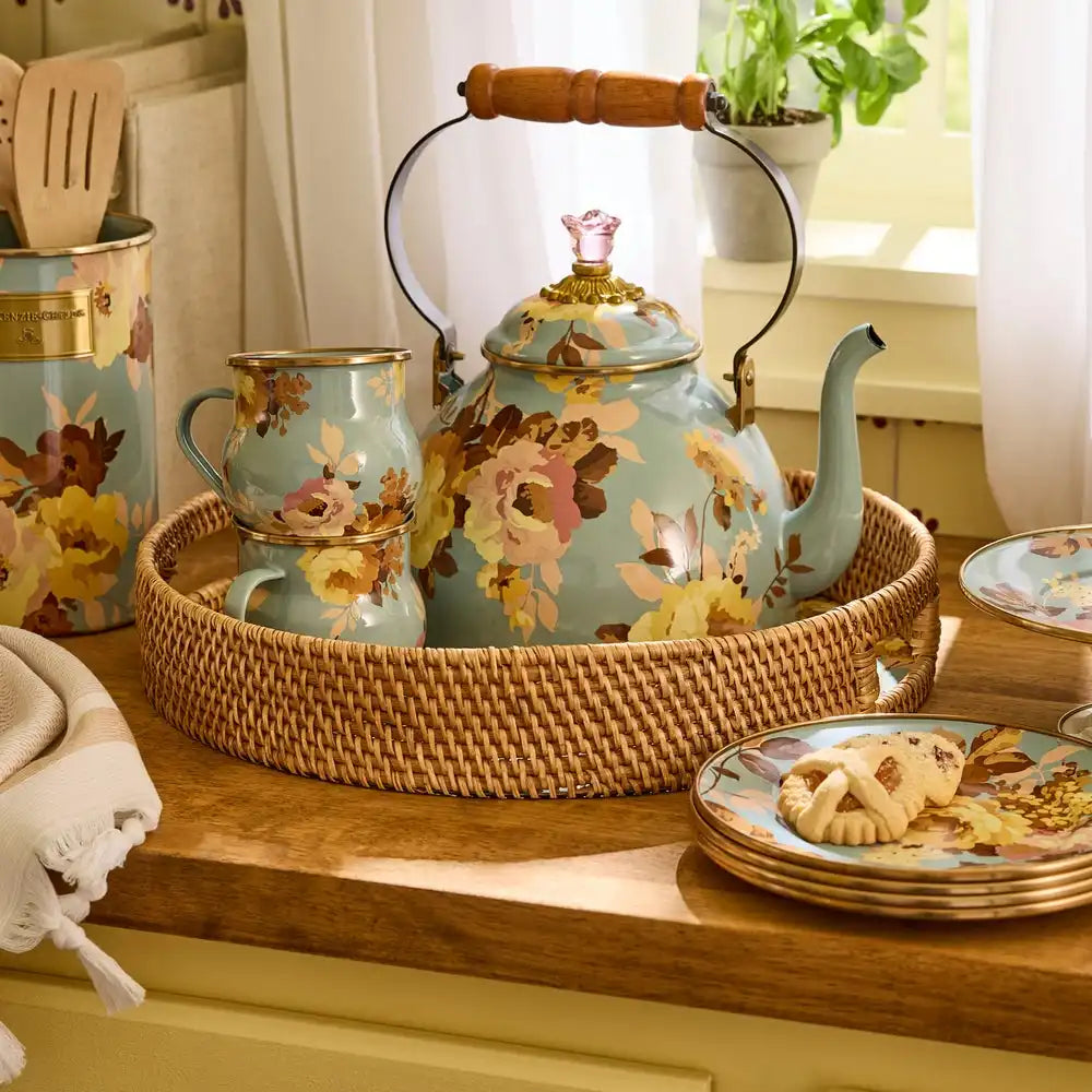 Wild Rose White Enamel & Rattan Round Serving Tray