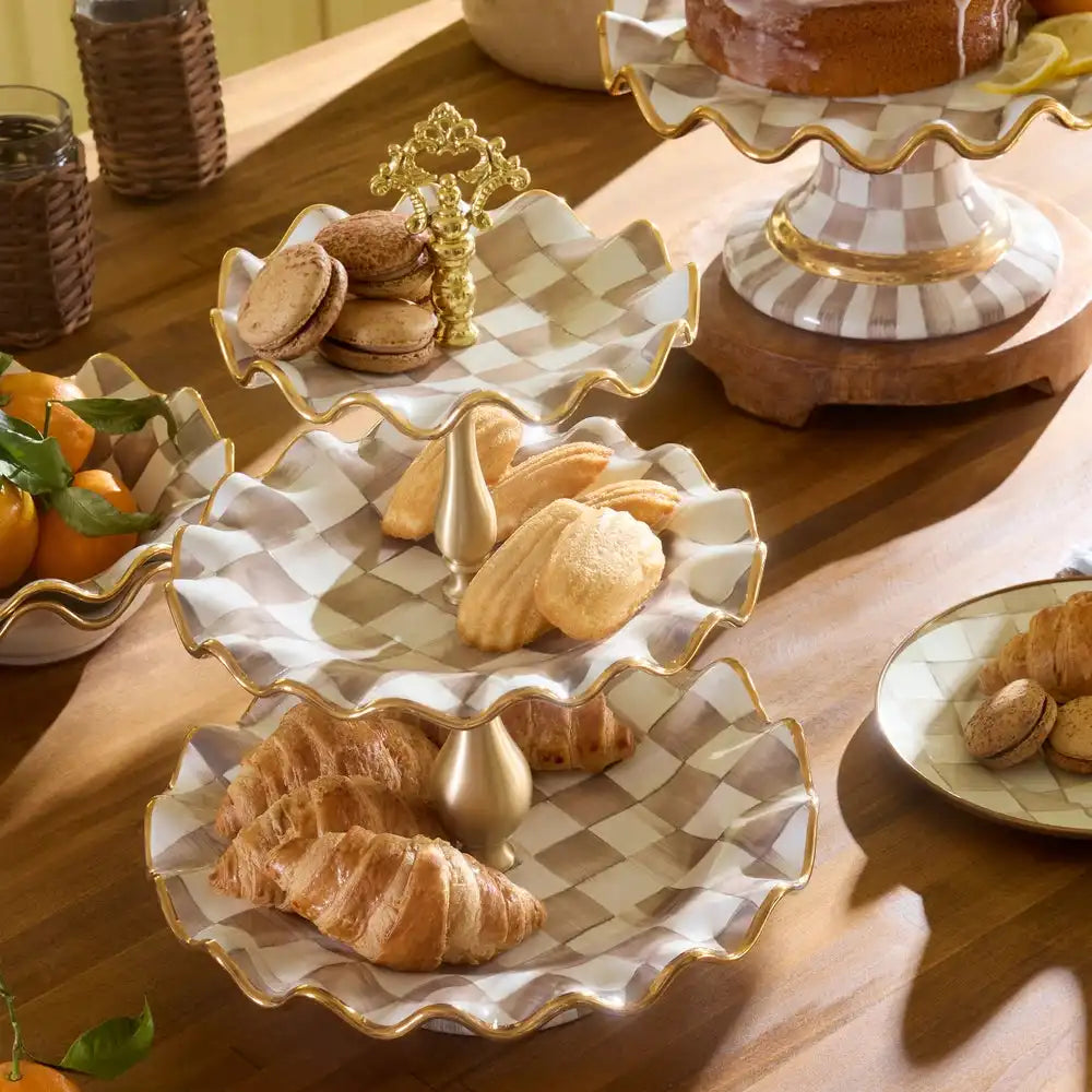 Violet Check Ceramic Three Tier Sweet Stand