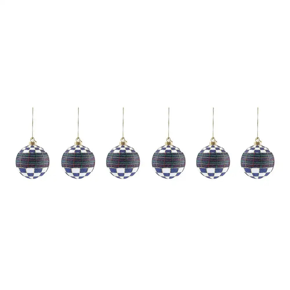 Navy Tartan Glass Ball Ornaments, Set of 6