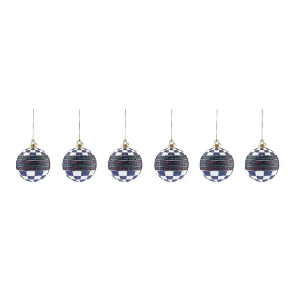 Navy Tartan Glass Ball Ornaments, Set of 6