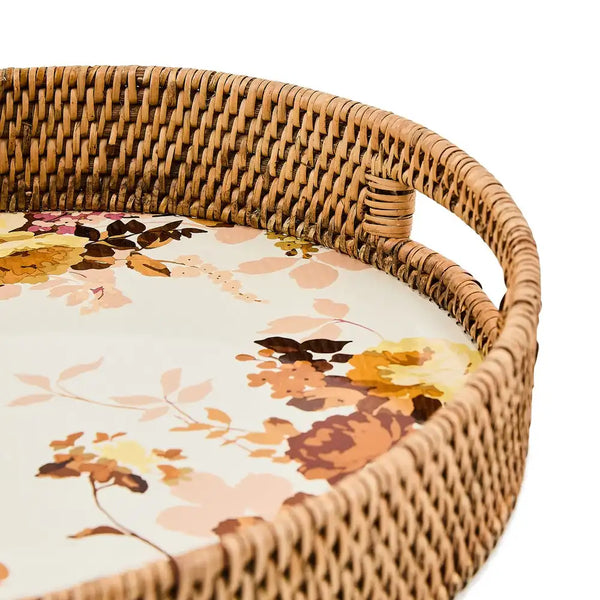 Wild Rose White Enamel & Rattan Round Serving Tray