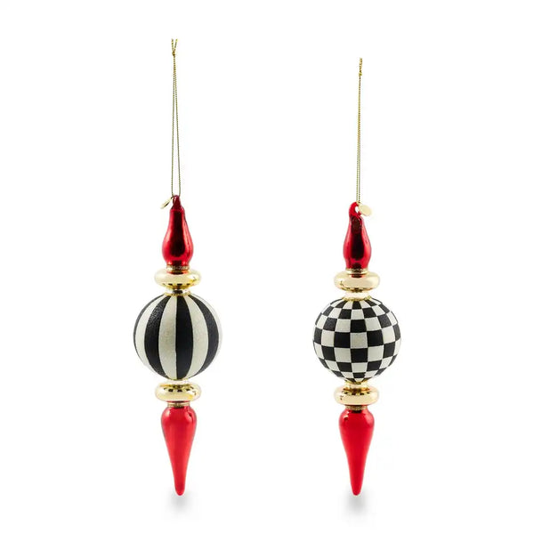 Black & White Check Finial Glass Ornaments, Set of 2
