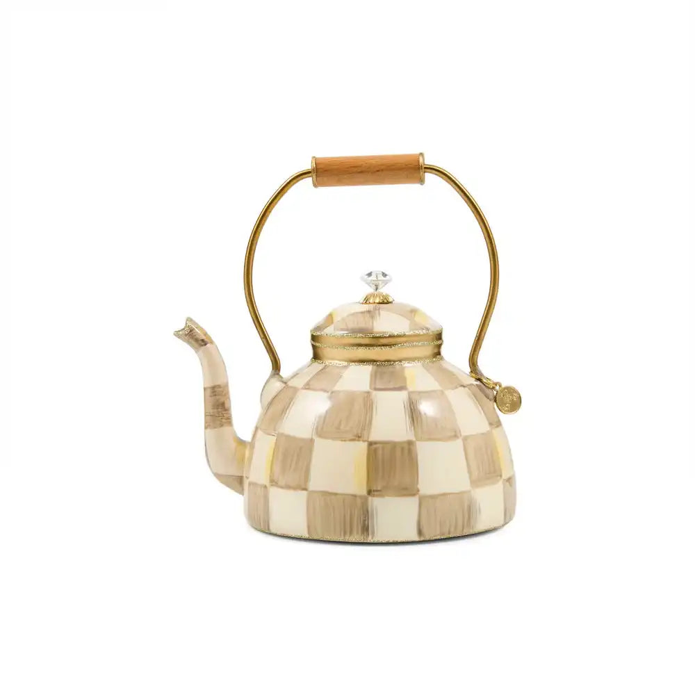 Mocha Check Tea Kettle Glass Ornament Main image