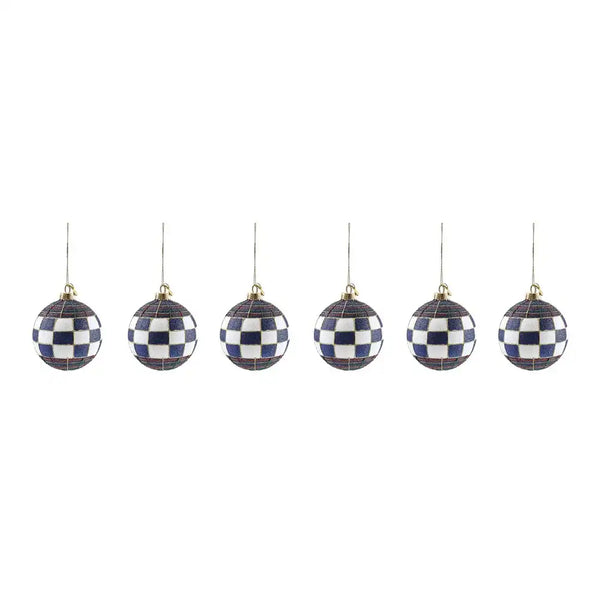 Navy Tartan Glass Ball Ornaments, Set of 6