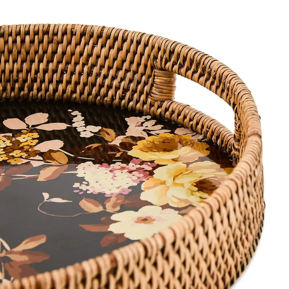 Wild Rose White Enamel & Rattan Round Serving Tray