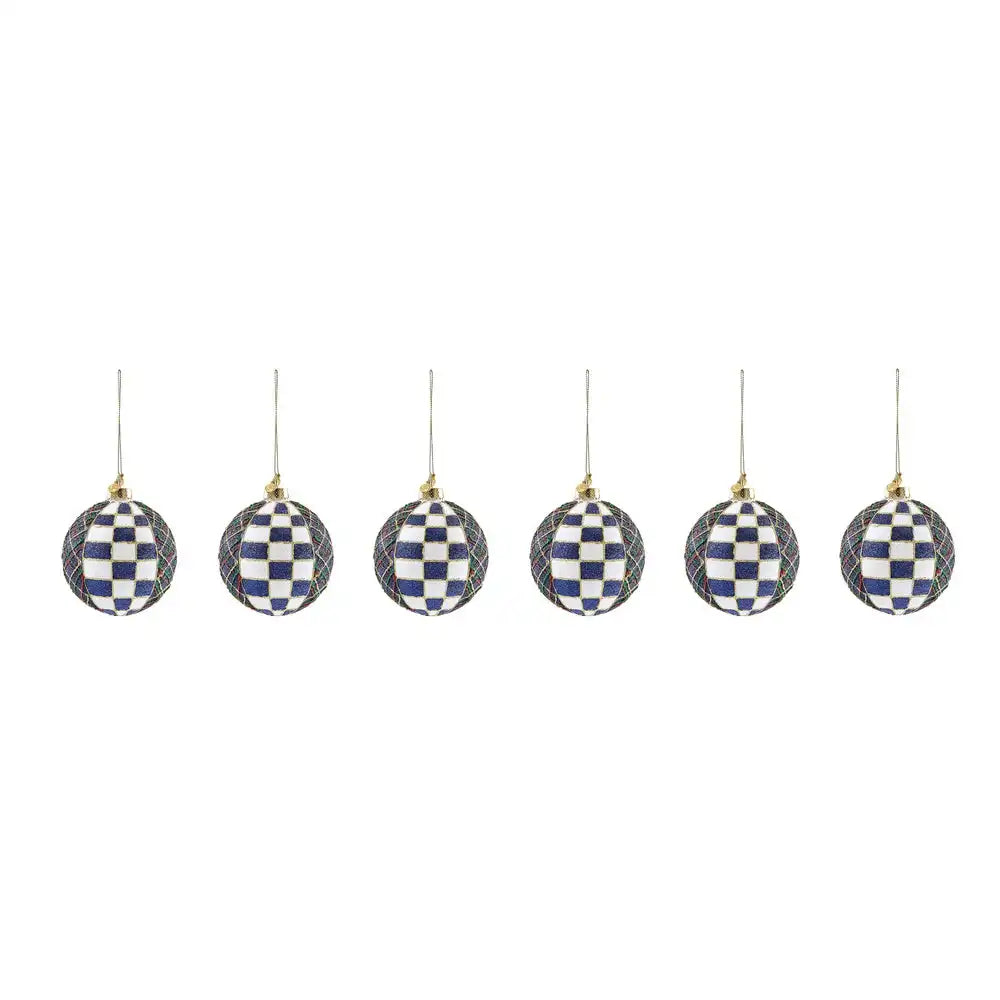 Navy Tartan Glass Ball Ornaments, Set of 6