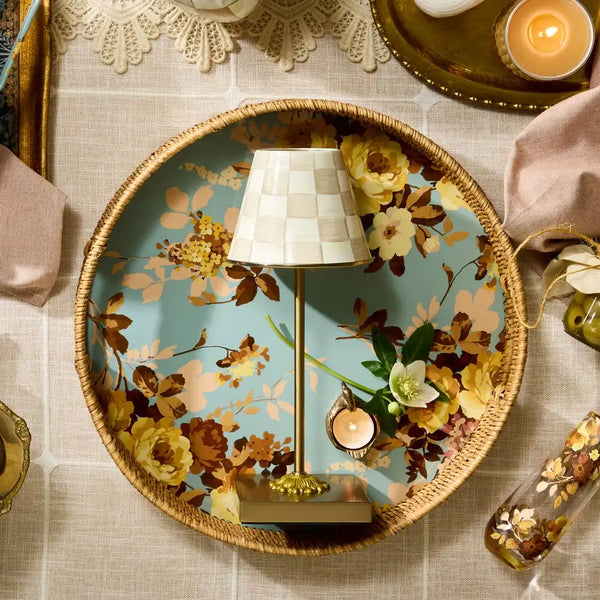 Wild Rose White Enamel & Rattan Round Serving Tray
